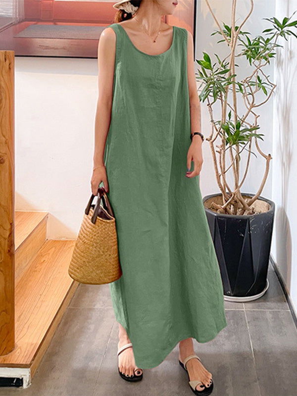 Robe longue sans manches à col rond en coton et lin