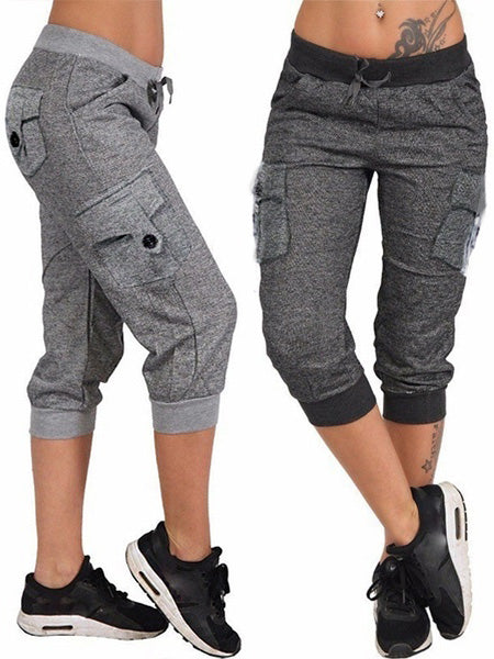 Dark gray / light gray knitted jogger capris with four cargo pockets and two front pockets from www.madepants.com